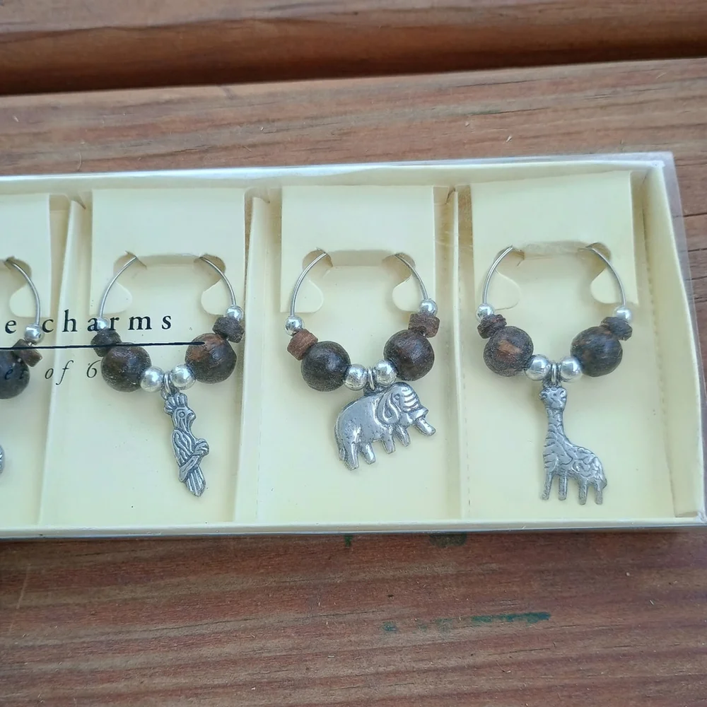 Pier 1 Imports Jungle Safari Animal Wine Charms 6 Ct African Lion Giraffe Zebra